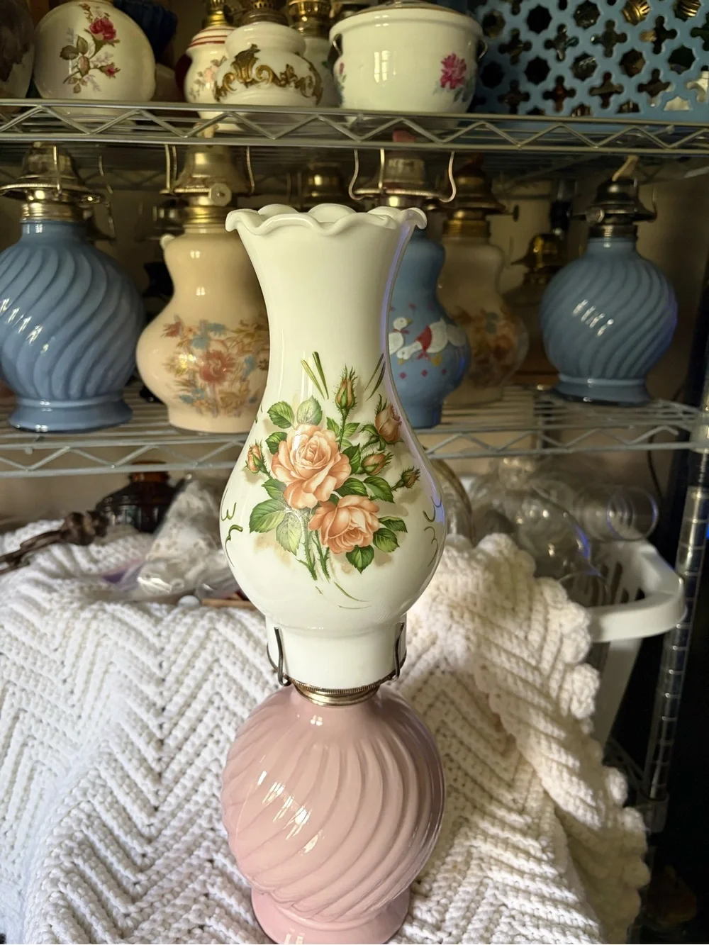 Vintage Pink Kadaan Oil Lamp with Milk Glass Chimney